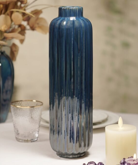 Dark Blue Ribbed Tall Linear Ceramic Vase