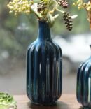 Dark Blue Ribbed Tall Ceramic Vase - Large