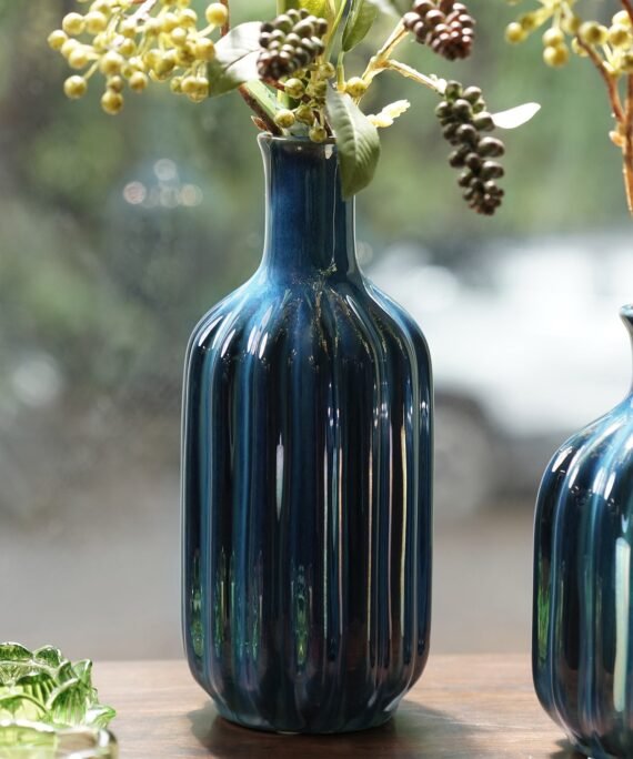 Dark Blue Ribbed Tall Ceramic Vase - Large