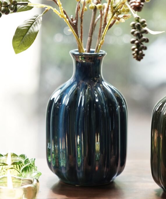 Dark Blue Ribbed Tall Ceramic Vase - Small