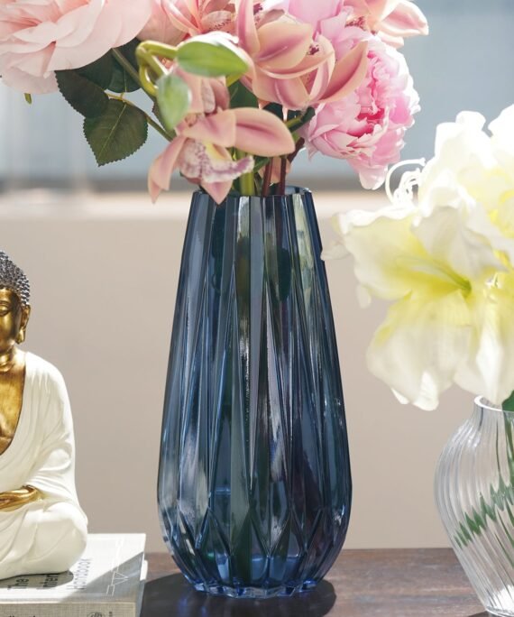 Blue Diamond Textured Glass Vase - Medium