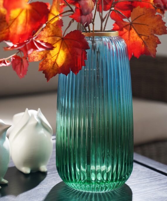 Blue Green Ribbed Texture Ombre Glass Vase - Medium