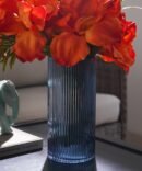 Blue Ribbed Straight Glass Vase - Medium