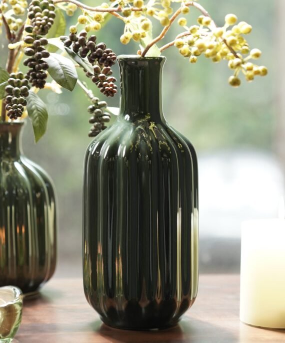 Dark Green Ribbed Tall Ceramic Vase - Large