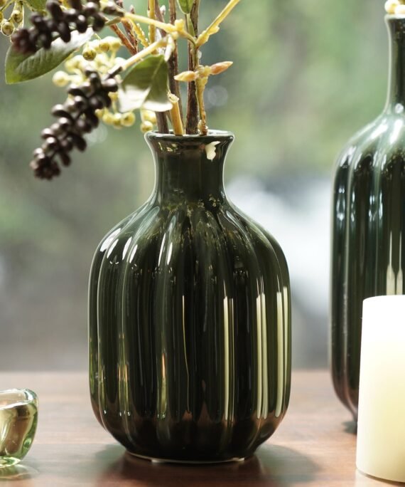 Dark Green Ribbed Tall Ceramic Vase - Small