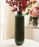 Dark Green Ribbed Tall Linear Ceramic Vase