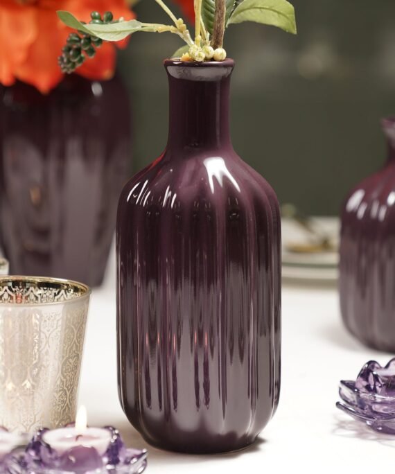 Dark Purple Ribbed Tall Ceramic Vase - Large