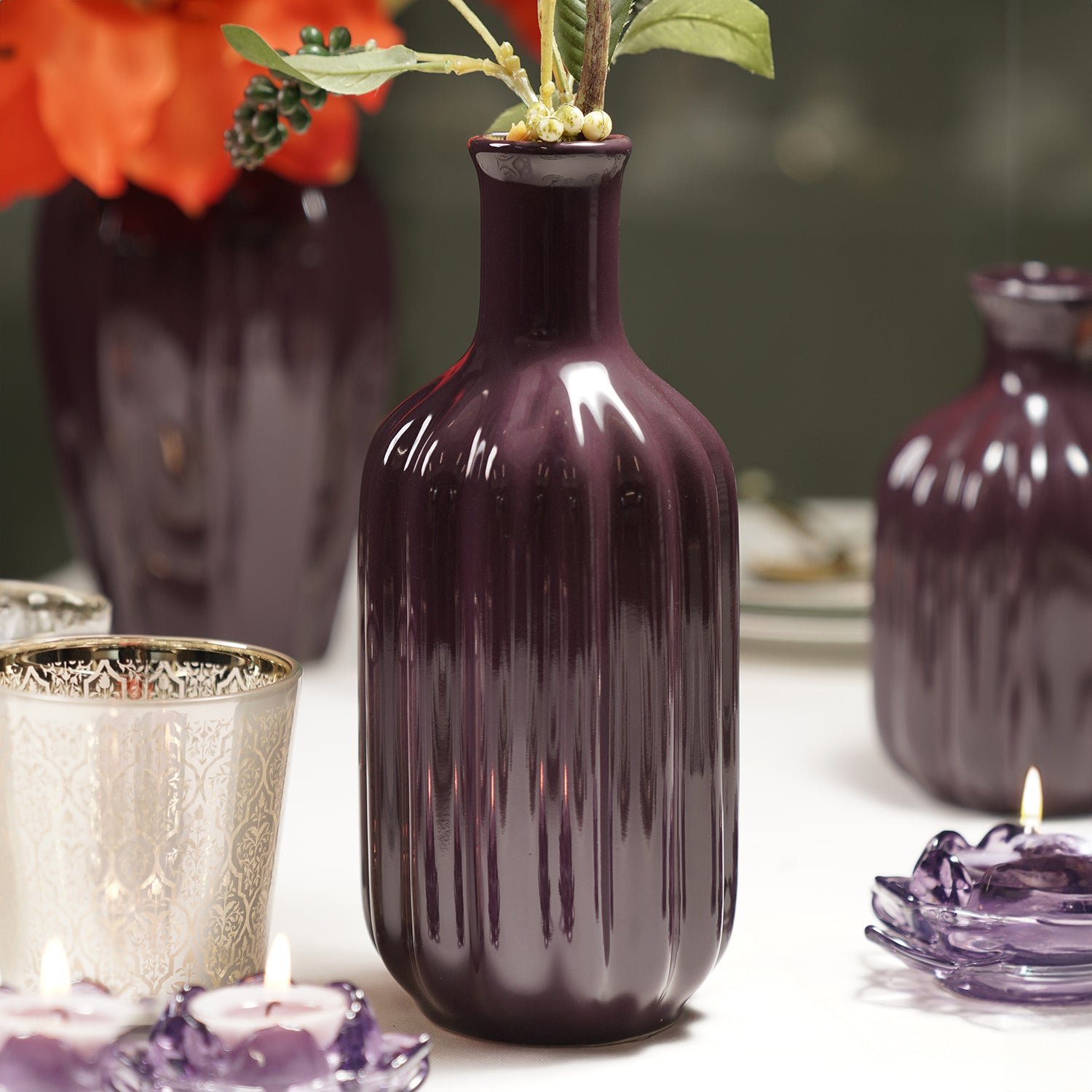 Dark Purple Ribbed Tall Ceramic Vase - Large