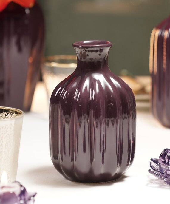 Dark Purple Ribbed Tall Ceramic Vase - Small