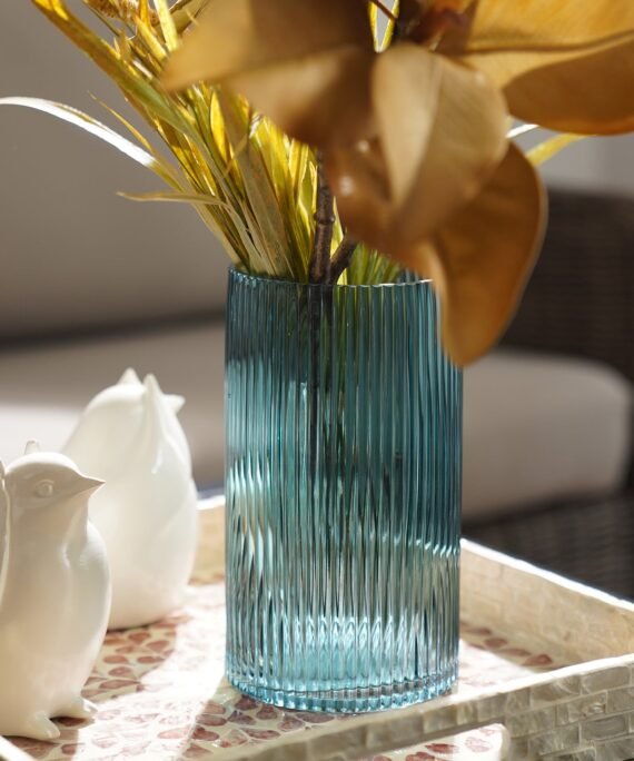 Teal Ribbed Straight Glass Vase - Small