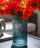 Teal Ribbed Straight Glass Vase - Medium