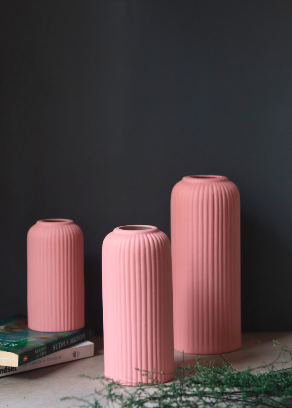 Pink Ribbed Vase - Set of 3