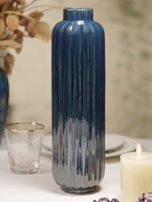 Dark Blue Ribbed Tall Linear Ceramic Vase