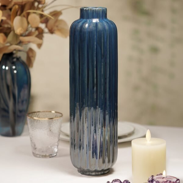 Dark Blue Ribbed Tall Linear Ceramic Vase