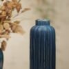 Dark Blue Ribbed Tall Linear Ceramic Vase