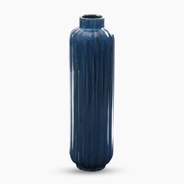 Dark Blue Ribbed Tall Linear Ceramic Vase