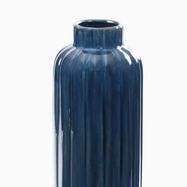 Dark Blue Ribbed Tall Linear Ceramic Vase