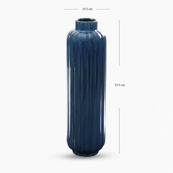 Dark Blue Ribbed Tall Linear Ceramic Vase