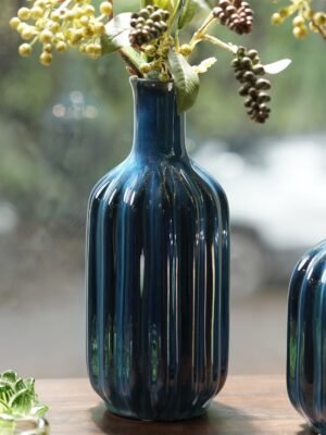 Dark Blue Ribbed Tall Ceramic Vase - Large