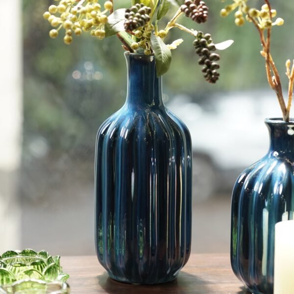 8907895081867_1.jpg Dark Blue Ribbed Tall Ceramic Vase - Large