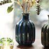 Dark Blue Ribbed Tall Ceramic Vase - Small