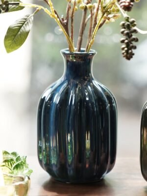 Dark Blue Ribbed Tall Ceramic Vase - Small