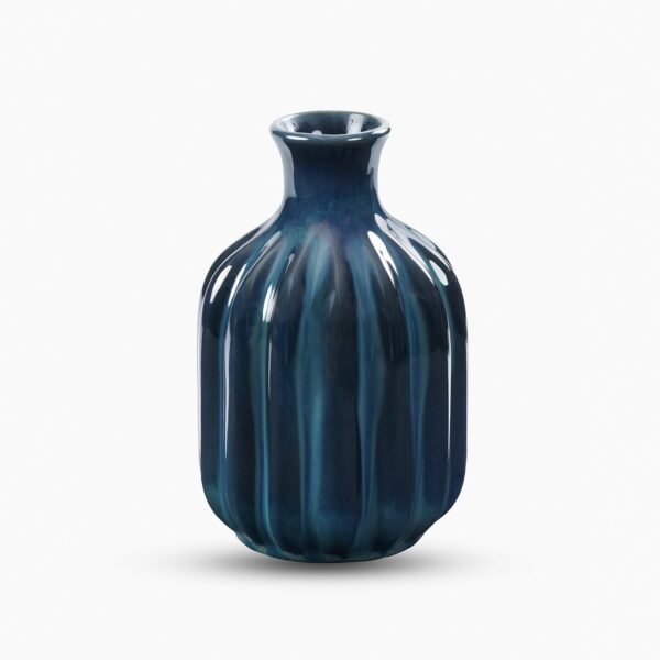 Dark Blue Ribbed Tall Ceramic Vase - Small