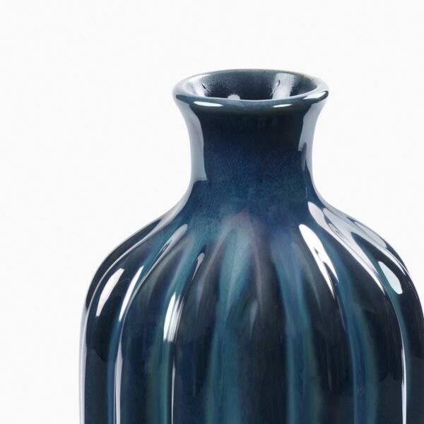 Dark Blue Ribbed Tall Ceramic Vase - Small