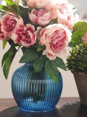 Blue Ribbed Glass Vase - Small 
