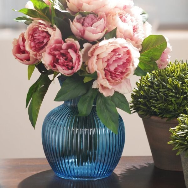 Blue Ribbed Glass Vase - Small 