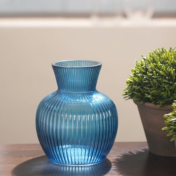 Blue Ribbed Glass Vase - Small 