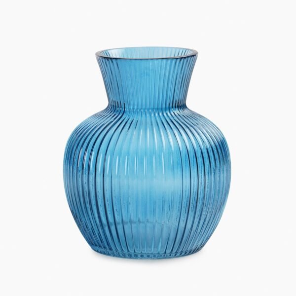 Blue Ribbed Glass Vase - Small 