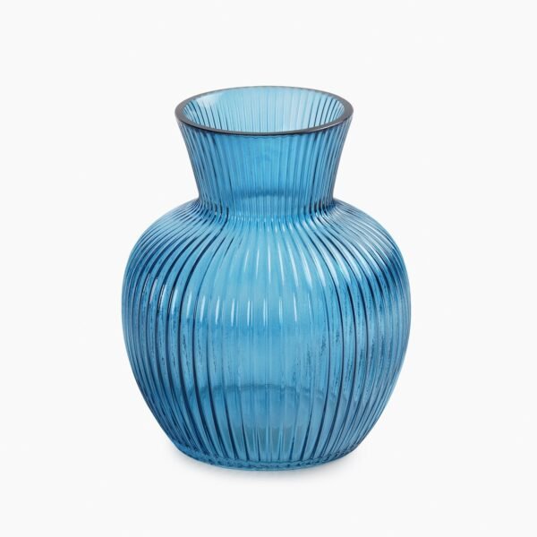 Blue Ribbed Glass Vase - Small 