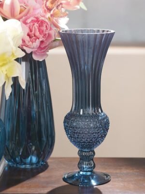 Blue Ribbed Diamond Textured Glass Vase