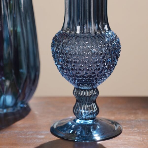 Blue Ribbed Diamond Textured Glass Vase