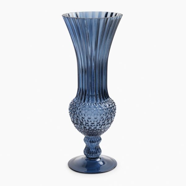 Blue Ribbed Diamond Textured Glass Vase