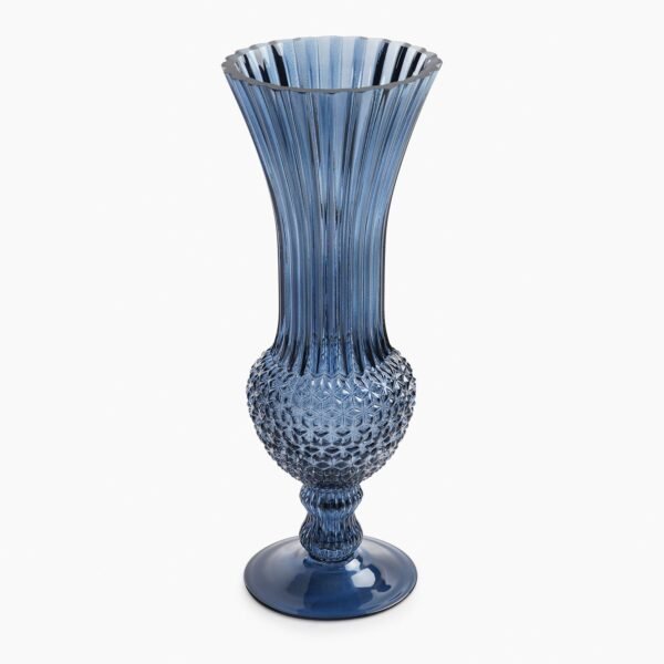 Blue Ribbed Diamond Textured Glass Vase