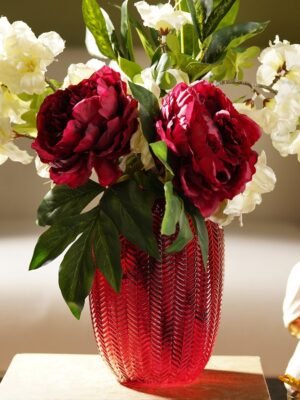Red Herringbone Textured Glass Vase - Small