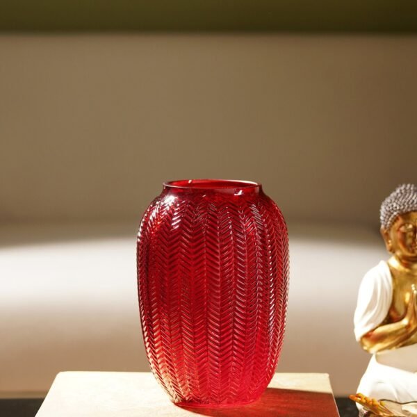Red Herringbone Textured Glass Vase - Small
