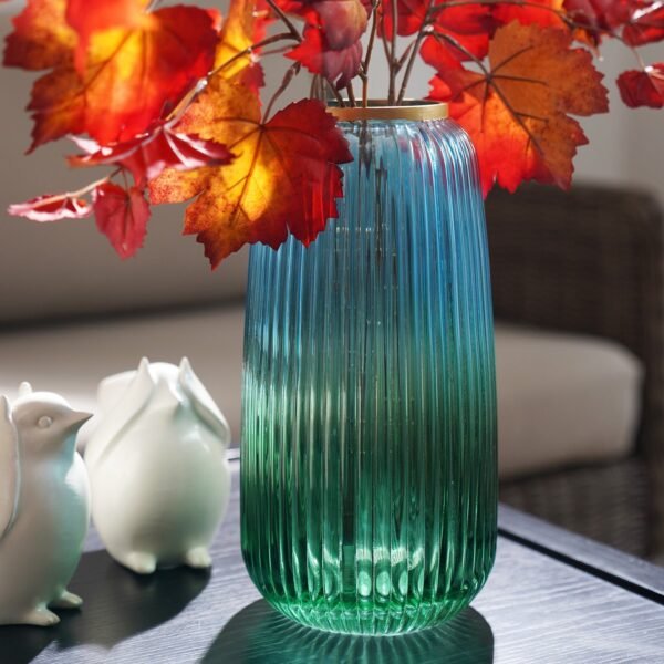 8907895133863_1.jpg Blue Green Ribbed Texture Ombre Glass Vase - Medium