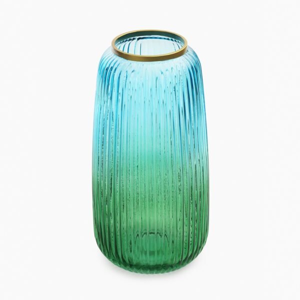 8907895133863_4.jpg Blue Green Ribbed Texture Ombre Glass Vase - Medium