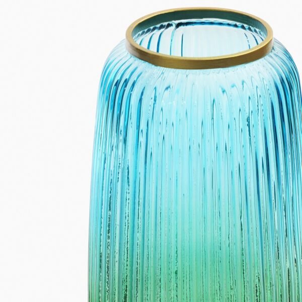 8907895133863_5.jpg Blue Green Ribbed Texture Ombre Glass Vase - Medium