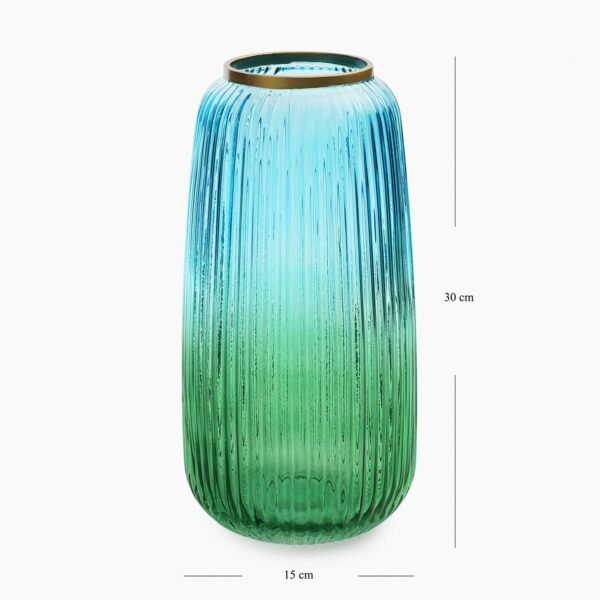 8907895133863_6.jpg Blue Green Ribbed Texture Ombre Glass Vase - Medium