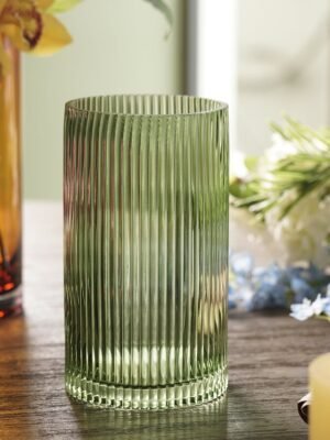 Green Ribbed Straight Glass Vase - Small