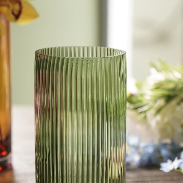 Green Ribbed Straight Glass Vase - Small