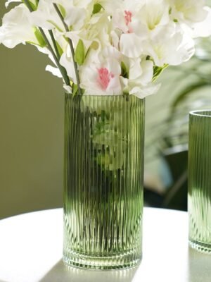 Green Ribbed Straight Glass Vase - Medium