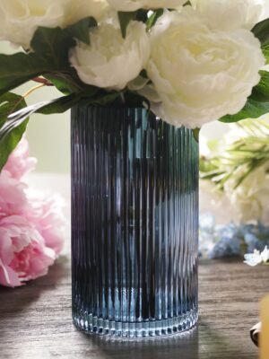 Blue Ribbed Straight Glass Vase - Small