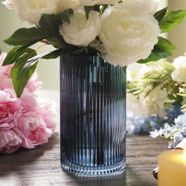 Blue Ribbed Straight Glass Vase - Small