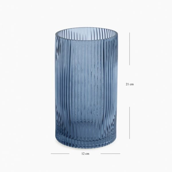 Blue Ribbed Straight Glass Vase - Small