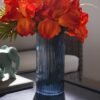 Blue Ribbed Straight Glass Vase - Medium